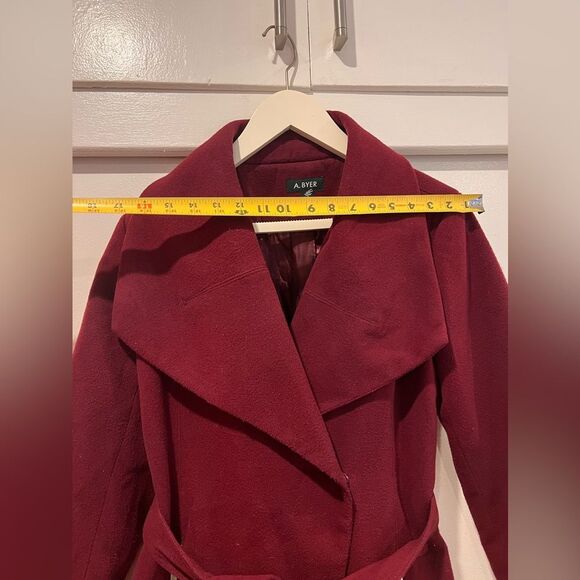 A. Byer burgundy wine peacoat trench tie waist blazer fully lined button snaps L - Picture 8 of 15